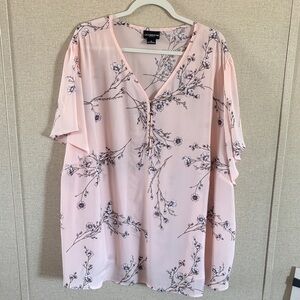 Liz Claiborne Woman Blouse 5X Pink Floral Sheer Cottagecore Romantic Flowy
